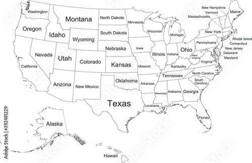 White vector federal map of the United States of America with black borders and names of it s federal states