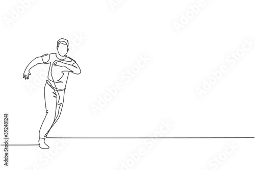 Single continuous line drawing of young sportive man practice Brazilian capoeira move dance at outdoor street. Culture martial art and sport concept. Trendy one line draw design vector illustration