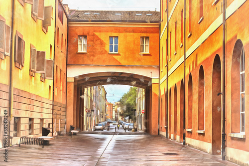 Former Tobacco Factory colorful painting, Modena, Emilia-Romagna, Italy.