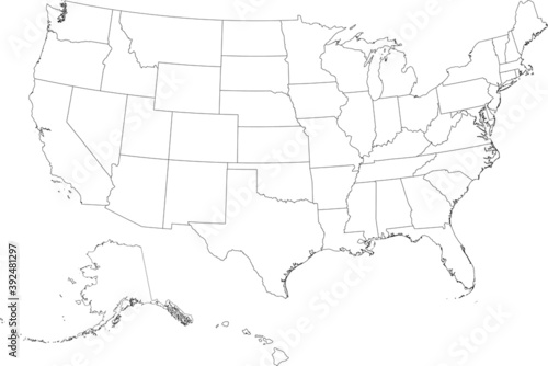 White vector federal map of the United States of America with black borders of it's federal states