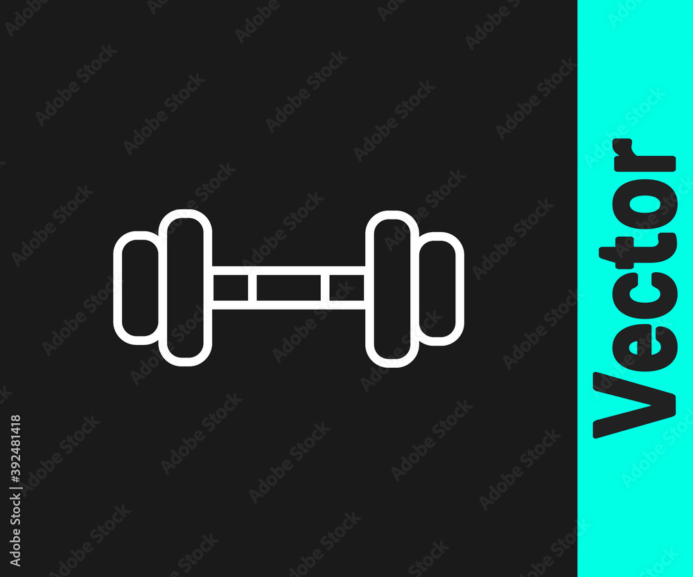 White line Dumbbell icon isolated on black background. Muscle lifting icon, fitness barbell, gym, sports equipment, exercise bumbbell. Vector Illustration. White line Dumbbell icon isolated on black background. Muscle lifting icon, fitness barbell, gym, sports equipment, exercise bumbbell. Vector Illustration.
