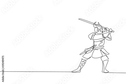 One continuous line drawing of young bravery samurai shogun wearing mask ready to attack at training session. Martial art combative sport concept. Dynamic single line draw design vector illustration