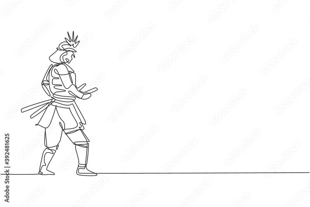 One single line drawing of young Japanese samurai warrior holding katana sword practicing at dojo center vector graphic illustration. Combative martial art concept. Modern continuous line draw design