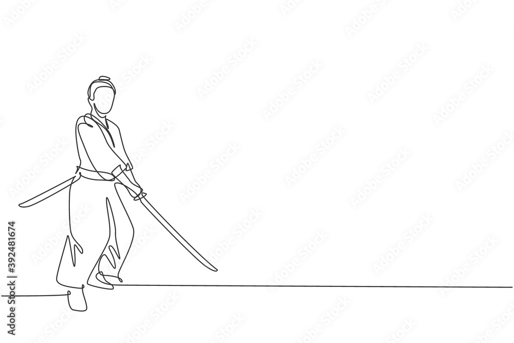 Single continuous line drawing of young strong samurai warrior wearing traditional uniform holding sword at festival. Ancient fighter soldier concept. Trendy one line draw design vector illustration
