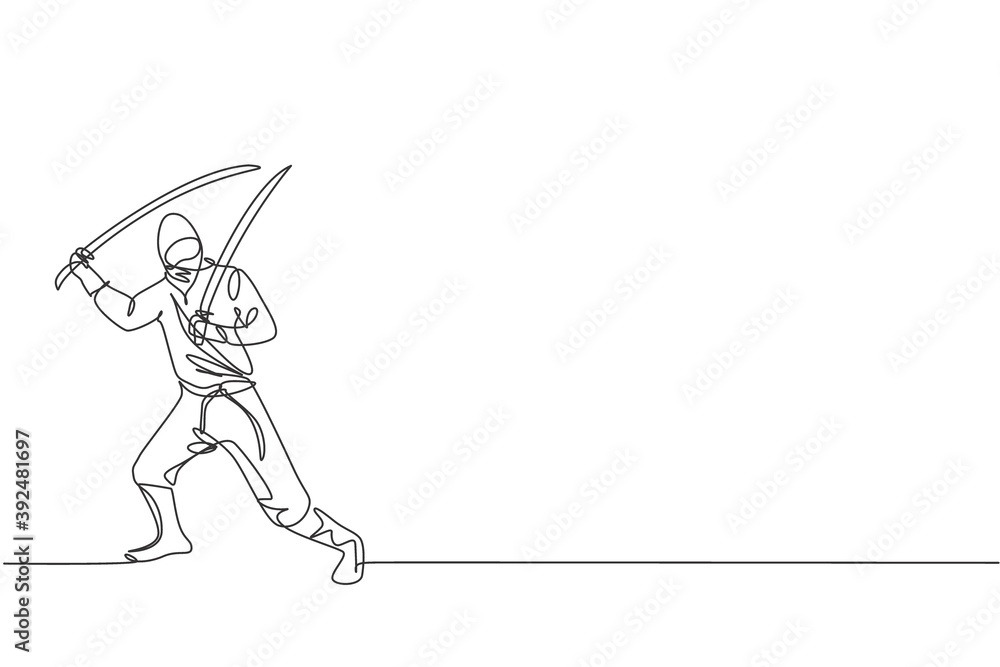One single line drawing of young energetic Japanese traditional ninja holding samurai swords on attack pose vector illustration. Combative martial art sport concept. Modern continuous line draw design One single line drawing of young energetic Japanese traditional ninja holding samurai swords on attack pose vector illustration. Combative martial art sport concept. Modern continuous line draw design