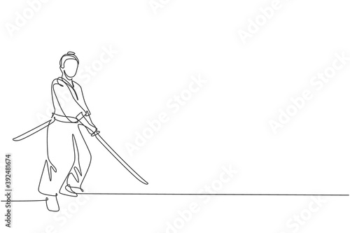 Single continuous line drawing of young strong samurai warrior wearing traditional uniform holding sword at festival. Ancient fighter soldier concept. Trendy one line draw design vector illustration