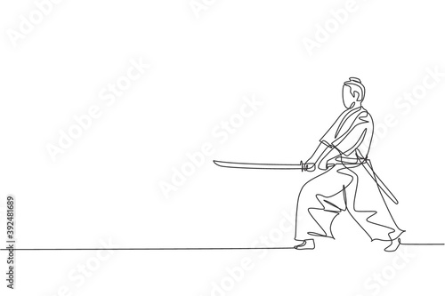 One single line drawing of young Japanese samurai warrior holding katana sword practicing at dojo center vector graphic illustration. Combative martial art concept. Modern continuous line draw design