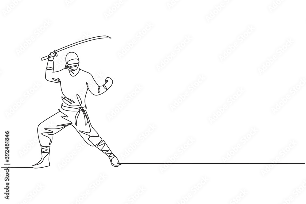 One continuous line drawing of young brave Japanese ninja character on black costume with attacking position. Martial art fighting concept. Dynamic single line draw graphic design vector illustration