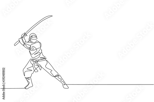 One single line drawing of young energetic Japanese traditional ninja holding samurai sword on attack pose vector illustration. Combative martial art sport concept. Modern continuous line draw design