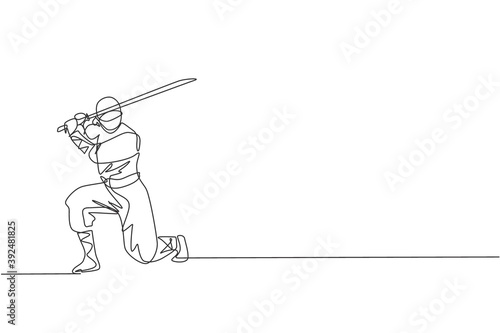 One continuous line drawing of young brave Japanese ninja character on black costume with attacking position. Martial art fighting concept. Dynamic single line draw design vector graphic illustration
