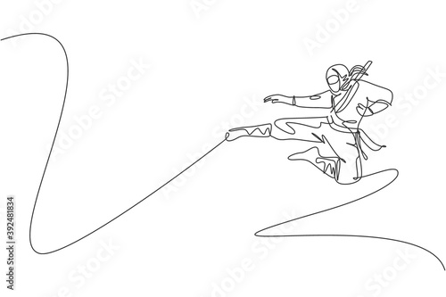 Single continuous line drawing of young Japanese culture ninja warrior with jumping kick attack pose. Martial art fighting samurai concept. Trendy one line draw graphic design vector illustration