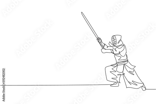Single continuous line drawing of young sportive man practicing kendo defense martial art skill on gym sport center. Fighting sport concept. Trendy one line draw design vector graphic illustration