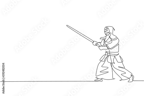 One single line drawing of young energetic man exercise kendo stance position with wooden sword at gym center vector illustration. Combative fight sport concept. Modern continuous line draw design