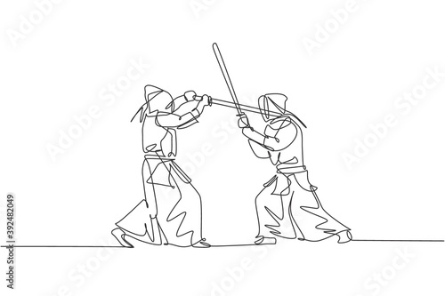 One continuous line drawing of two young sporty men training kendo fighting skill with sparring in dojo center. Healthy martial art sport concept. Dynamic single line draw design vector illustration