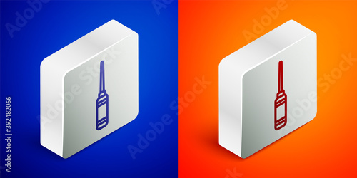Isometric line Awl tool with wooden handle icon isolated on blue and orange background. Work equipment tailor industry. Silver square button. Vector Illustration.