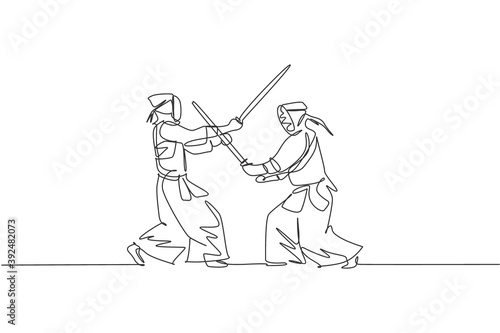 One continuous line drawing of two young sporty men spare fighting kendo to improve skill in dojo center. Healthy martial art sport concept. Dynamic single line draw graphic design vector illustration