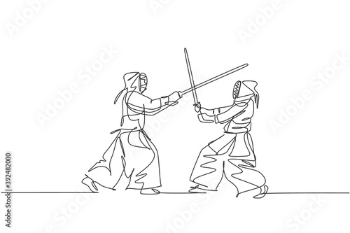 One single line drawing of two young energetic men exercise sparring fight kendo with wooden sword at gym center vector illustration. Combative fight sport concept. Modern continuous line draw design