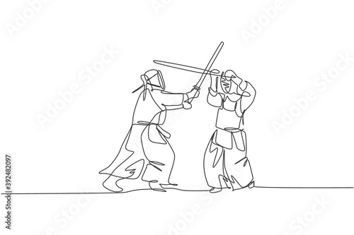 One single line drawing of two young energetic man exercise kendo combat match with wooden sword at gym center vector illustration. Combative fight sport concept. Modern continuous line draw design