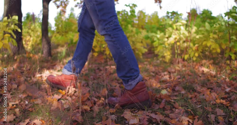 Men's legs close up against background of fallen foliage. Tourist walks in nature during day. Young healthy guy walks through woods. High quality 4k footage Men's legs close up against background of fallen foliage. Tourist walks in nature during day. Young healthy guy walks through woods. High quality 4k footage