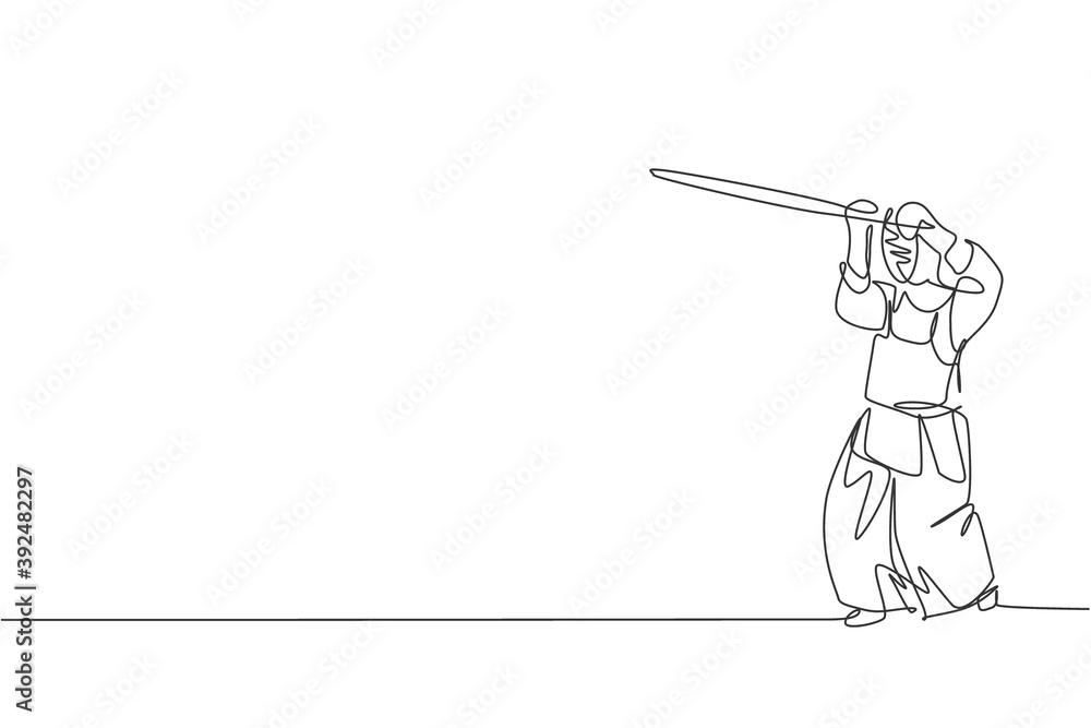 Fototapeta premium One continuous line drawing of young sporty man training kendo defense skill in dojo center. Healthy fighting martial art sport concept. Dynamic single line draw design vector graphic illustration