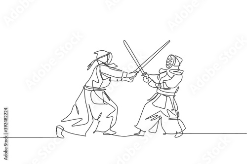 Single continuous line drawing of two young sportive man practicing defense and attack for kendo martial art skill on gym sport center. Fighting sport concept. One line draw design vector illustration