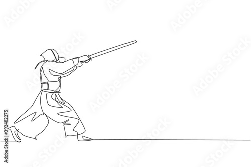 One single line drawing of young energetic man exercise attack kendo move with wooden sword at gym center vector graphic illustration. Combative fight sport concept. Modern continuous line draw design
