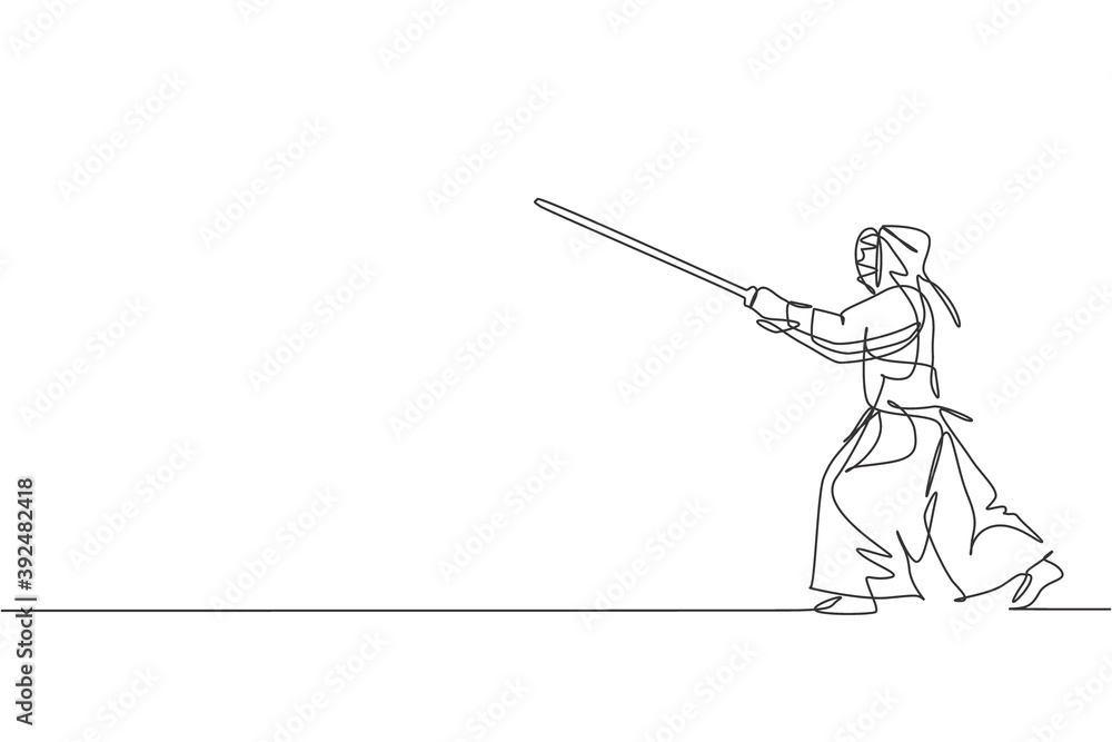 One single line drawing young energetic man train attack skill on kendo with wooden sword at martial art center vector illustration. Combative fight sport concept. Modern continuous line draw design One single line drawing young energetic man train attack skill on kendo with wooden sword at martial art center vector illustration. Combative fight sport concept. Modern continuous line draw design