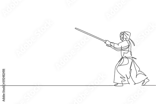 One single line drawing young energetic man train attack skill on kendo with wooden sword at martial art center vector illustration. Combative fight sport concept. Modern continuous line draw design