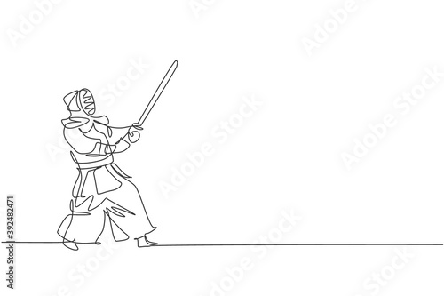 One single line drawing of young energetic man exercise defense skill on kendo with wooden sword at gym center vector illustration. Combative fight sport concept. Modern continuous line draw design