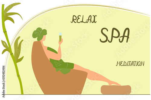 Woman relaxes in the spa salon. The girl after cosmetic procedures drinks a herbal drink. Wellness for the body, health and beauty care. Vector in a flat style.