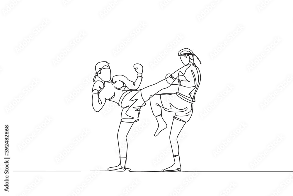One single line drawing of two young energetic muay thai fighter men train to duel at gym fitness center vector illustration. Combative thai boxing sport concept. Modern continuous line draw design