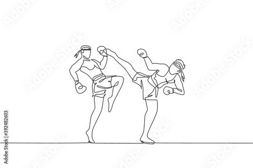 One single line drawing of two young energetic muay thai fighter men fight sparring at gym fitness center vector illustration. Combative thai boxing sport concept. Modern continuous line draw design