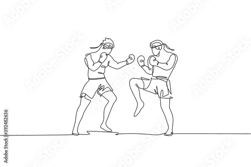 One single line drawing of two young energetic muay thai fighter men sparring fight at gym fitness center vector illustration. Combative thai boxing sport concept. Modern continuous line draw design
