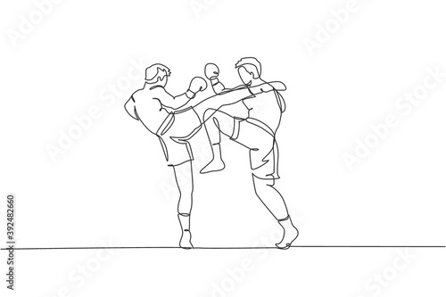 Single continuous line drawing of two young sportive men train fight sparring thai boxing at gym center together. Combative muay thai sport concept. Trendy one line draw design vector illustration