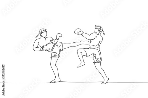 One continuous line drawing of two young sporty muay thai boxer men kicking hard sparring fight partner at box arena. Fighting sport game concept. Dynamic single line draw design vector illustration