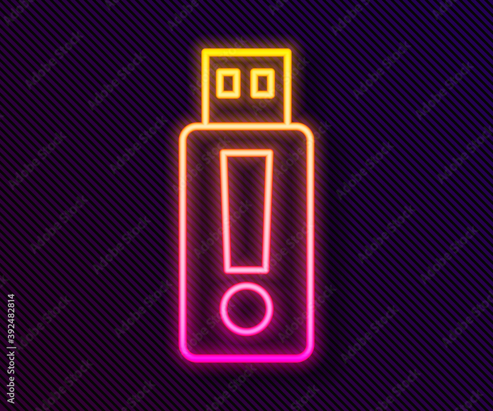 Glowing neon line USB flash drive icon isolated on black background. Vector. Glowing neon line USB flash drive icon isolated on black background. Vector.