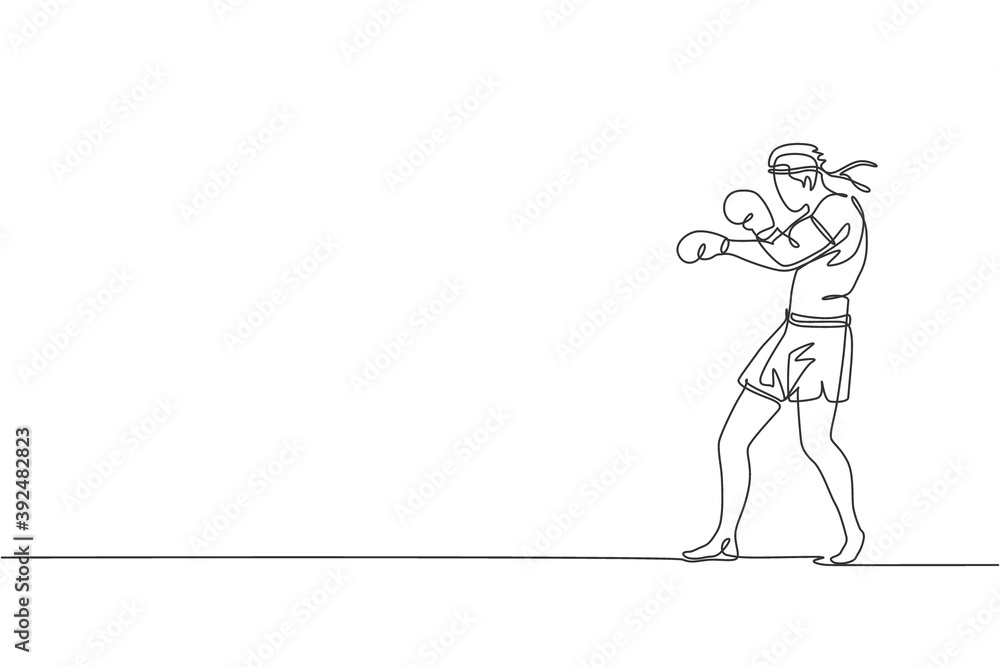 One single line drawing of young energetic muay thai fighter man exercising at gym fitness graphic center vector illustration. Combative thai boxing sport concept. Modern continuous line draw design