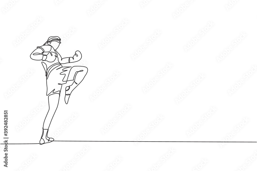 Single continuous line drawing of young sportive man training thai boxing at gym club center. Combative muay thai sport concept. Competition event. Trendy one line draw design vector illustration Single continuous line drawing of young sportive man training thai boxing at gym club center. Combative muay thai sport concept. Competition event. Trendy one line draw design vector illustration