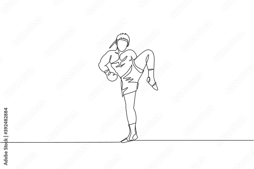 Single continuous line drawing of young sportive man training thai boxing at gym club center. Combative muay thai sport concept. Competition event. Trendy one line draw design vector illustration Single continuous line drawing of young sportive man training thai boxing at gym club center. Combative muay thai sport concept. Competition event. Trendy one line draw design vector illustration