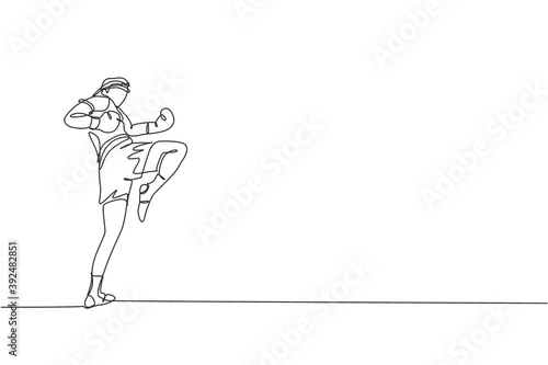 Single continuous line drawing of young sportive man training thai boxing at gym club center. Combative muay thai sport concept. Competition event. Trendy one line draw design vector illustration