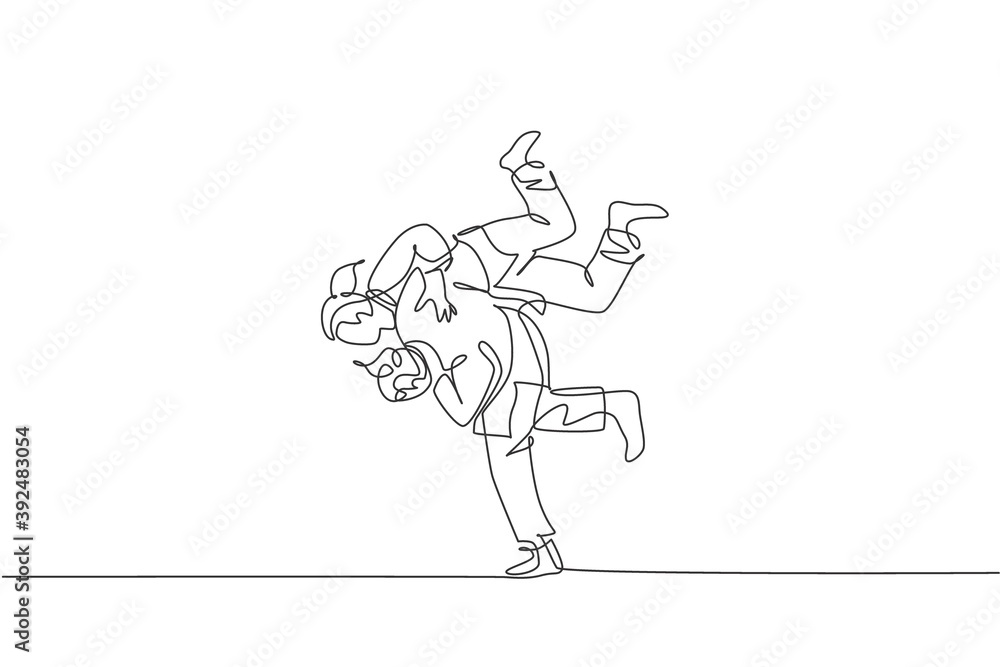 Single continuous line drawing two sportive judoka fighter women practice judo skill at dojo gym center. Fighting jujitsu, aikido sport concept. Trendy one line draw graphic design vector illustration Single continuous line drawing two sportive judoka fighter women practice judo skill at dojo gym center. Fighting jujitsu, aikido sport concept. Trendy one line draw graphic design vector illustration