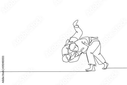 One single line drawing of two young energetic judokas fighter men battle fighting at gym center vector graphic illustration. Martial art sport competition concept. Modern continuous line draw design