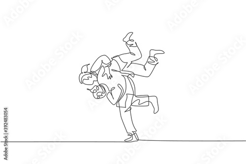 Single continuous line drawing two sportive judoka fighter women practice judo skill at dojo gym center. Fighting jujitsu, aikido sport concept. Trendy one line draw graphic design vector illustration