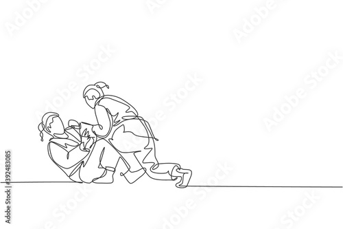 One single line drawing of two young energetic judoka fighter women battle fighting at gym center vector illustration graphic. Martial art sport competition concept. Modern continuous line draw design