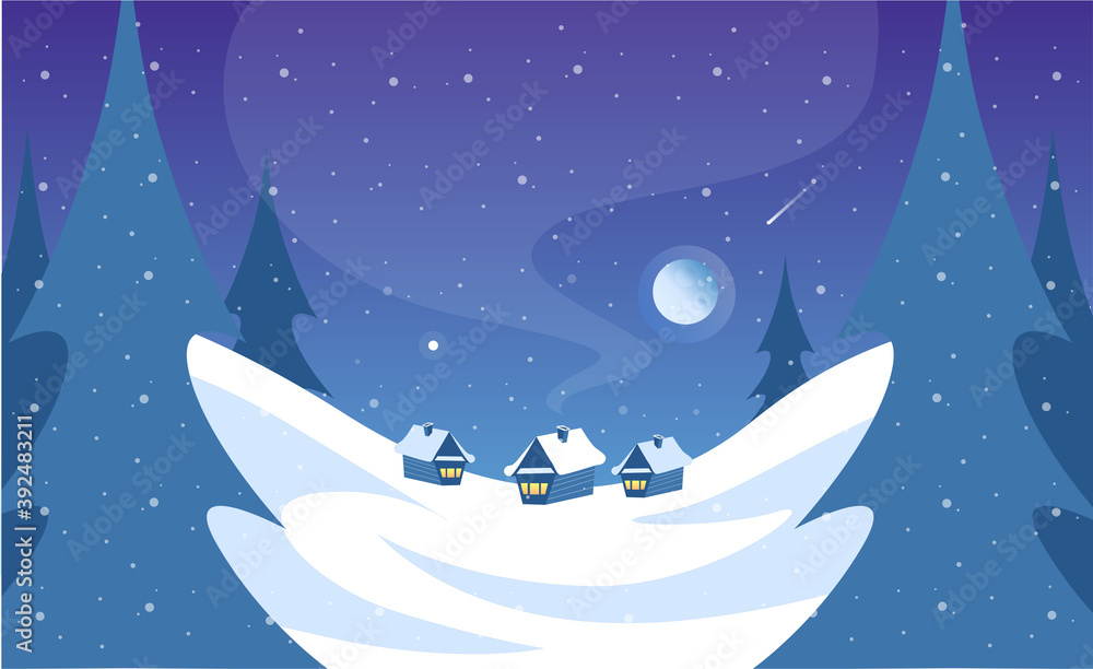 Naklejka premium magical winter landscape - a snow-covered forest glade with small houses under the night sky