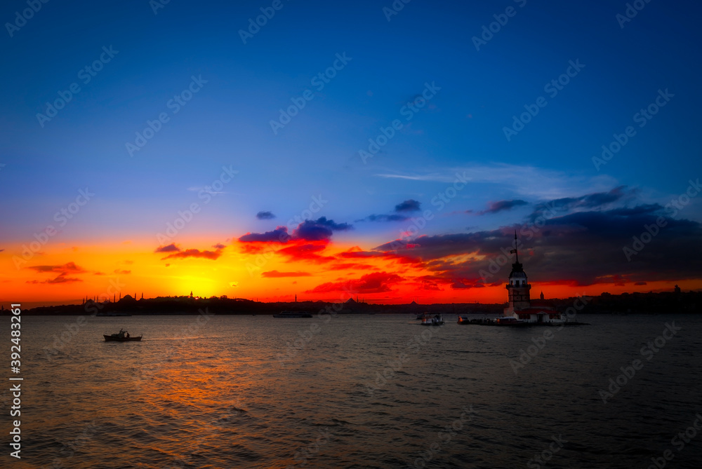 Gorgeous view of the Maiden's Tower in the evening. Kiz Kulesi. Istanbul.	