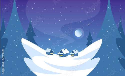 magical winter landscape - a snow-covered forest glade with small houses under the night sky
