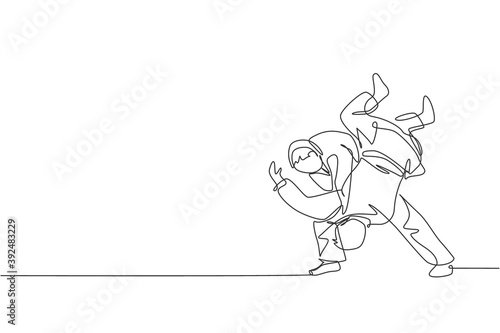 One single line drawing of two young energetic judokas fighter men battle fighting at gym center vector graphic illustration. Martial art sport competition concept. Modern continuous line draw design