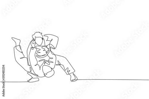 One continuous line drawing of two young sporty men focus training judo technique at sports hall. Jiu jitsu battle fight sport competition concept. Dynamic single line draw design vector illustration