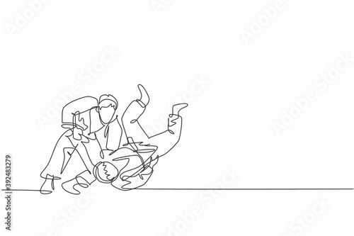 One single line drawing of two young energetic judokas fighter men battle fighting at gym center graphic vector illustration. Martial art sport competition concept. Modern continuous line draw design